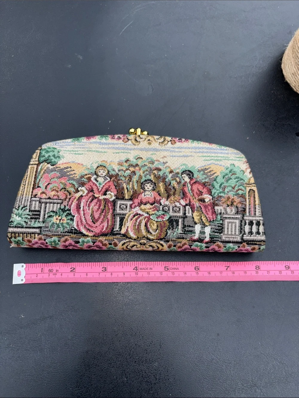 Vintage Tapestry Clutch wallet featuring a classic 18Th-Century Courting Scene